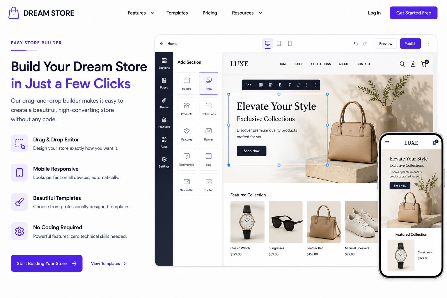 Dream Store drag and drop builder