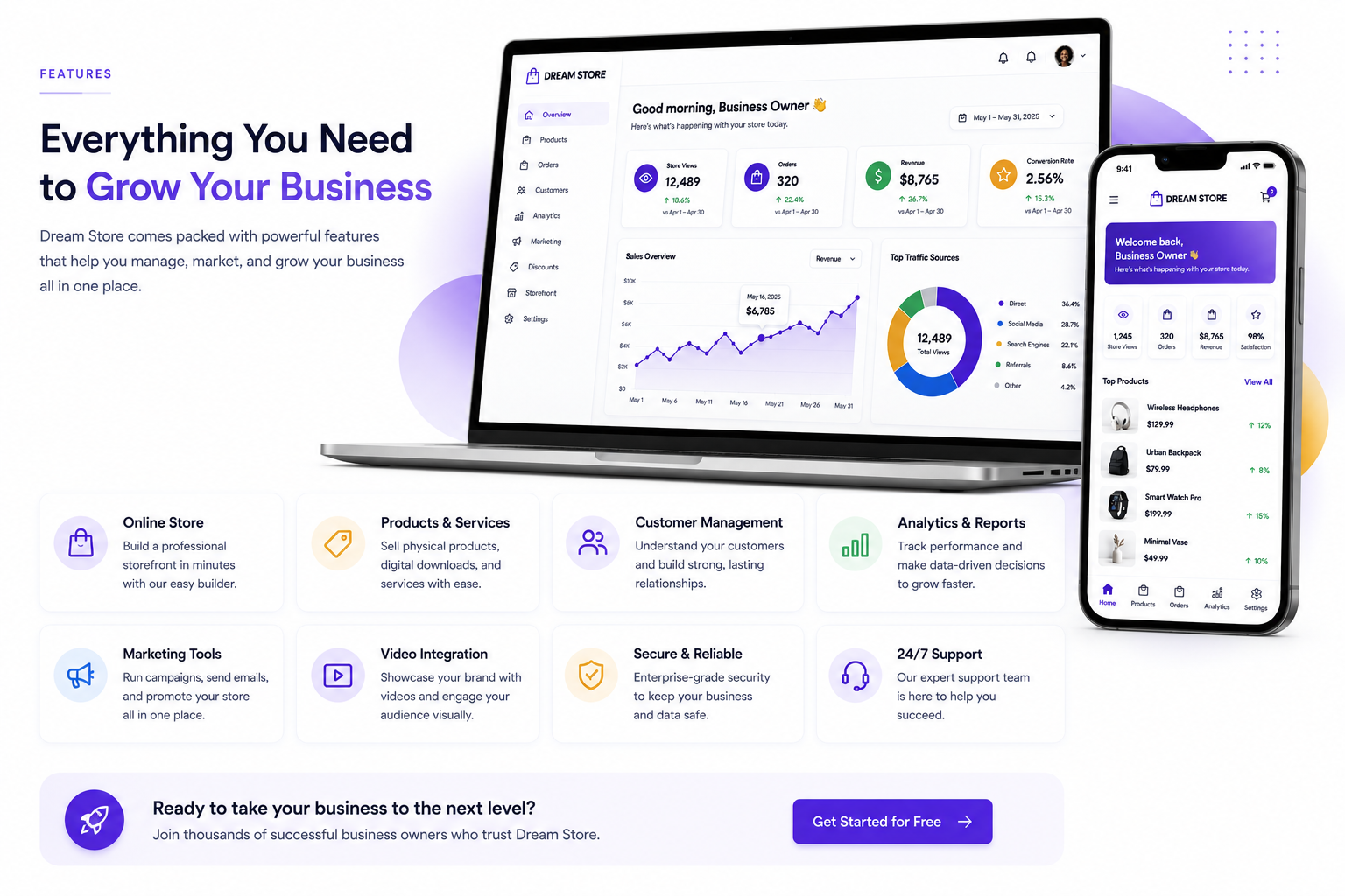 Dream Store features dashboard