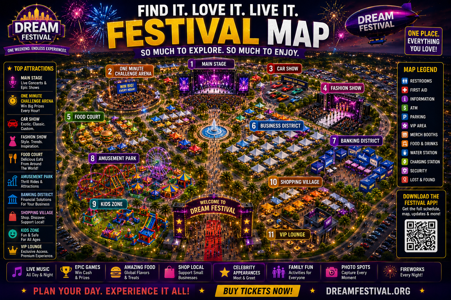 Dream Festival map showing main stage, one-minute challenge, car show, fashion show, food court, business district, banking district, amusement park and VIP lounge