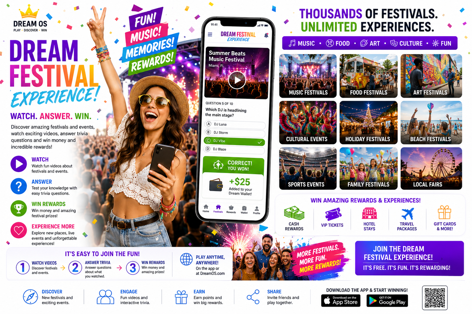 Dream Festival experience showing live events, music, food, culture, family festivals, rewards, and unforgettable community experiences