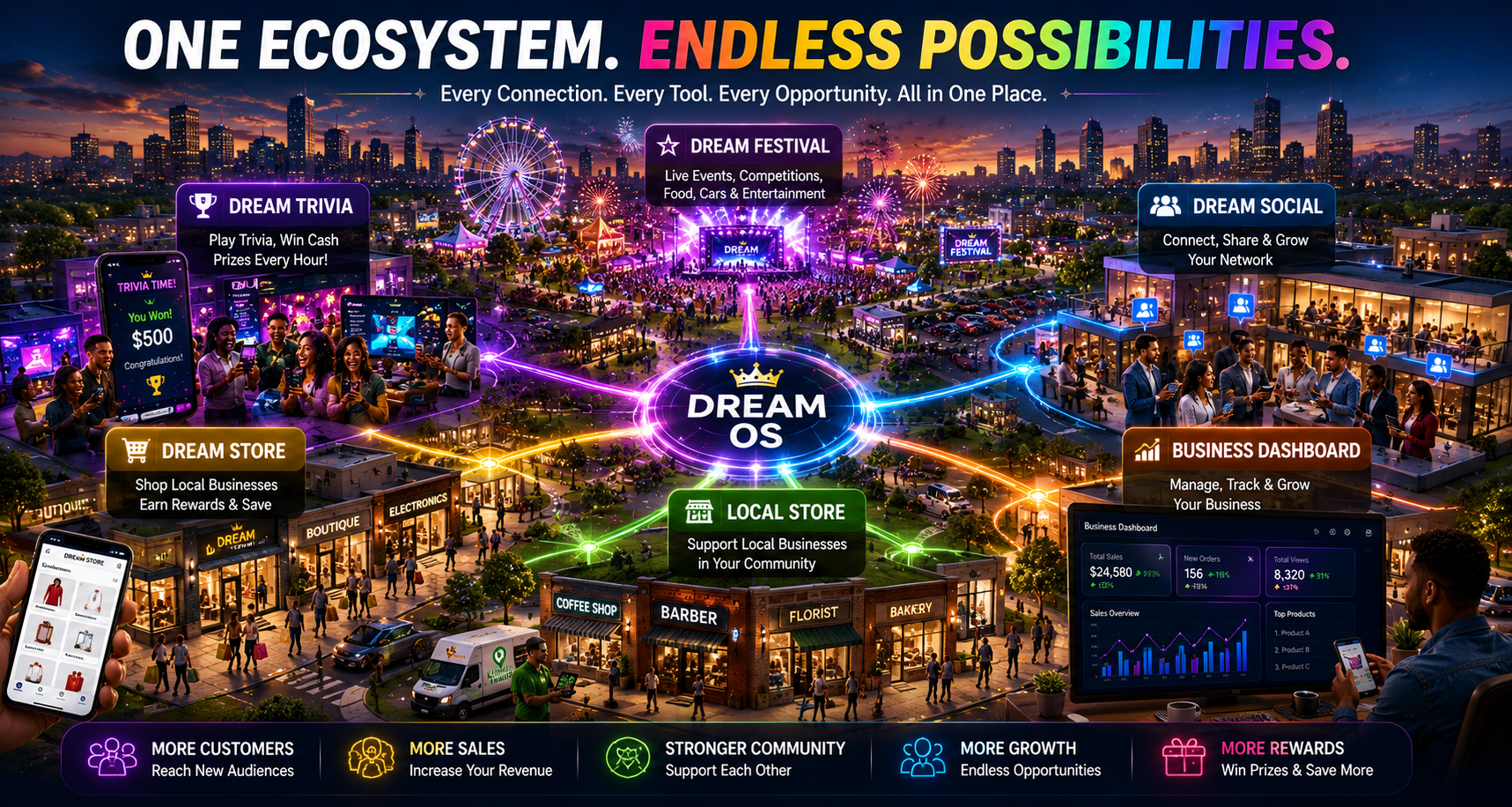 Dream OS ecosystem map connecting Dream Store, Dream Trivia, Local Store, Dream Festival, Dream Social, and Business Dashboard