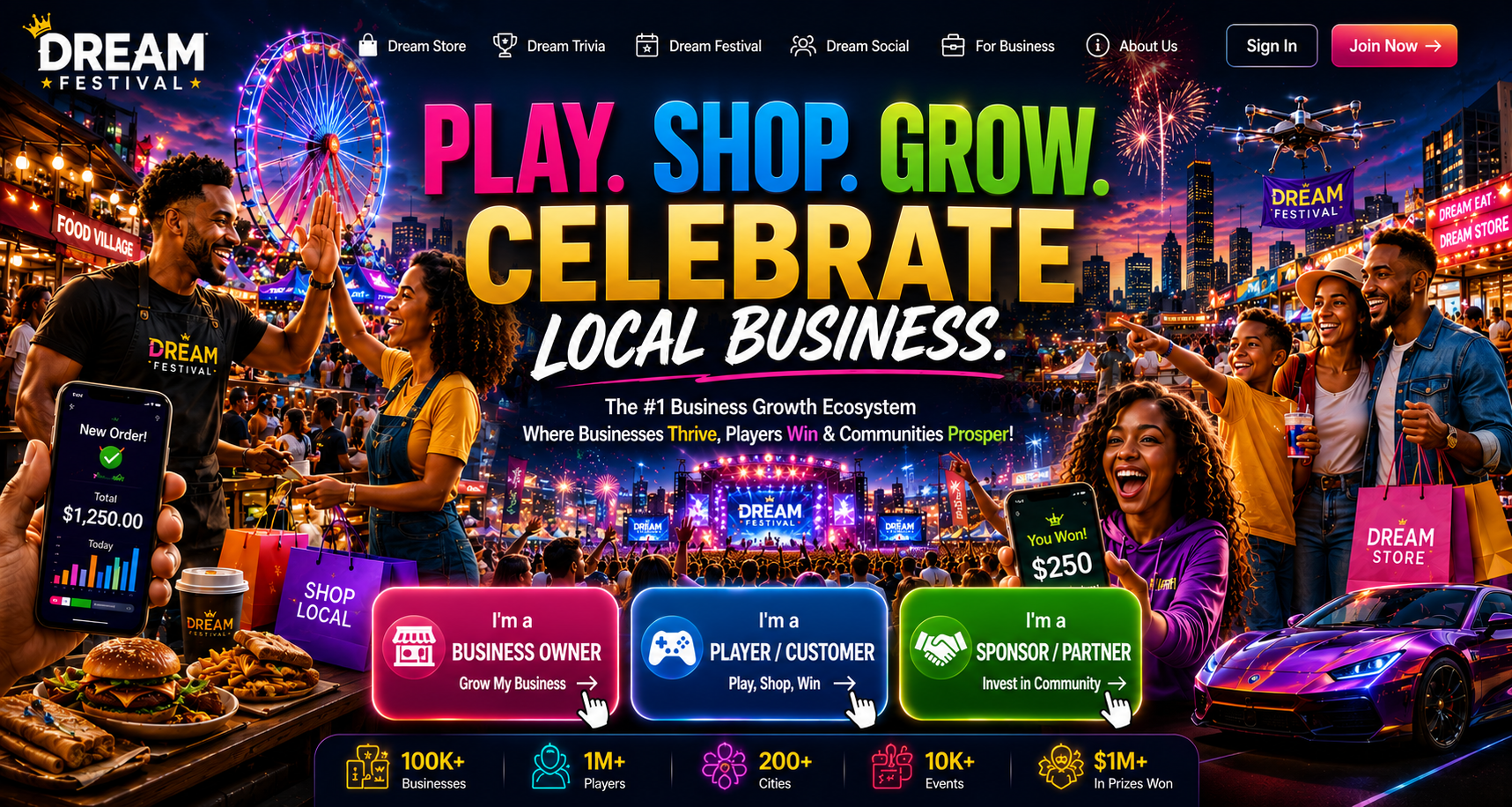 Dream Festival customer journey showing businesses, players, shopping, trivia, rewards, live events, food, cars, and community celebration