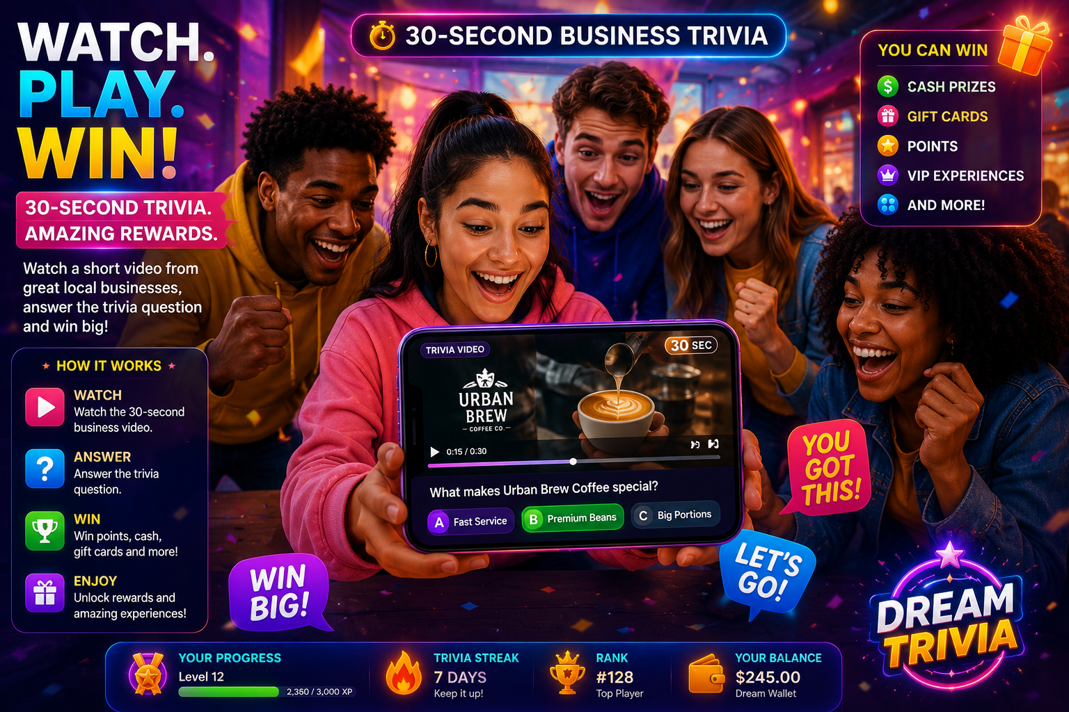Player watching business trivia video with friends cheering